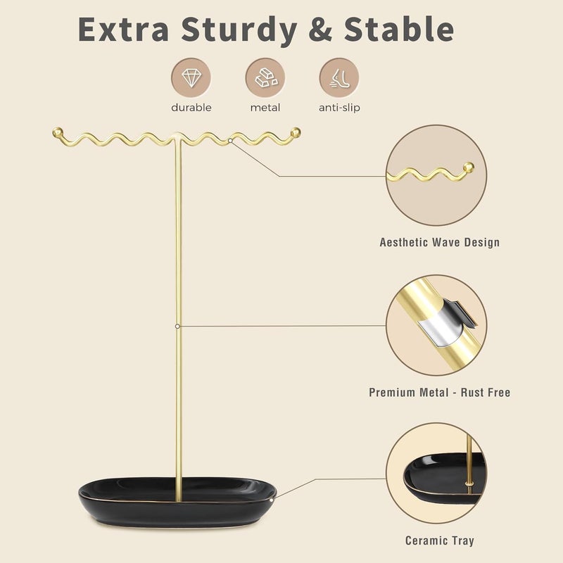 Saydear Elegant Jewelry Holder Tree Stand with Ceramic Tray - Metal Necklace Holder Organizer for Rings Bracelets Earrings - Tangle Free, Rustproof Decorative Display for Vanity Dresser Deluxe Black - Image 4
